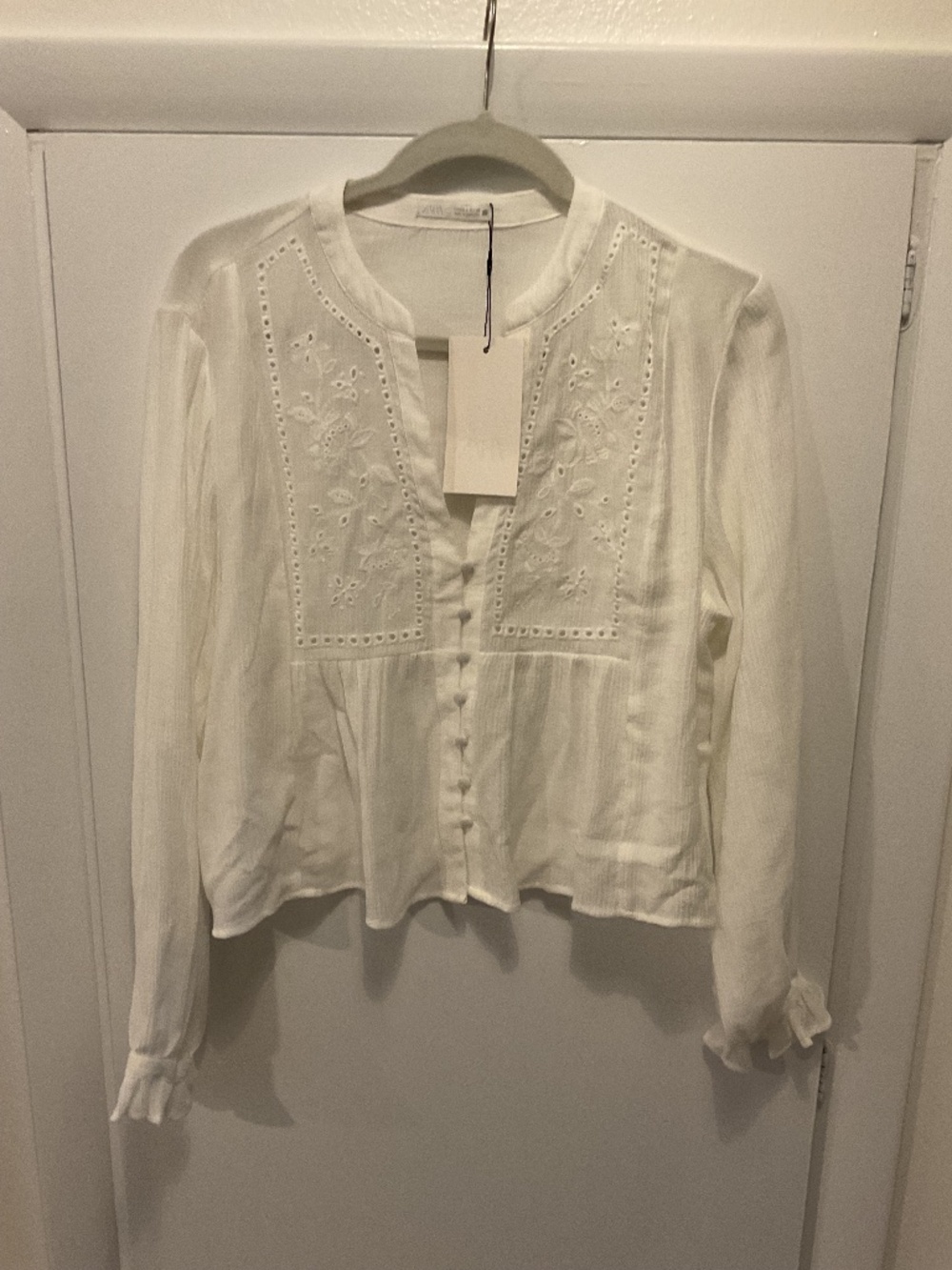 Zara Flowy Embroidered Top, White, Size Small